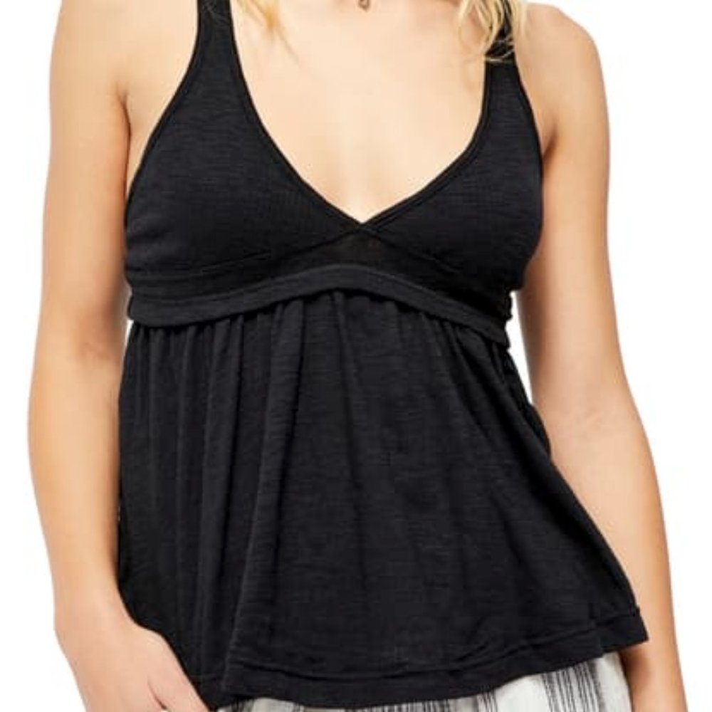 Free People Zinia V Neck Babydoll Tank Top Black